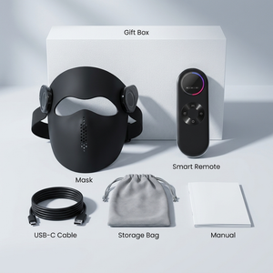 What's in the box: mask, remote, USB-C cable, storage bag, manual, gift box